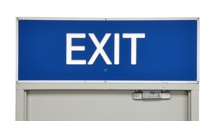 Bold white EXIT sign against a deep blue background above a fire exit door Ideal for safety and emergency concept photos