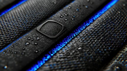 Close-up of a textured surface with water droplets and blue light accents, featuring a central speaker element.