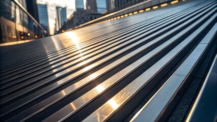Fototapeta premium Modern metallic stairs with strong geometric lines ascend upwards towards urban city buildings, illuminated by warm afternoon sunlight.