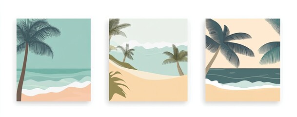 Fototapeta premium Set of vector illustrations with beach and sea in a flat style, featuring sea waves, palm leaves on the background