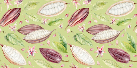 Fruits and Flowers of a chocolate tree. Seamless pattern. Cocoa Beans. Watercolor illustration. Hand drawn chocolate tree fruits and flowers in pastel colors for packaging, textiles and botanical