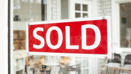 Eye catching SOLD sign on a red background in a real estate office window Ideal for property and business concepts