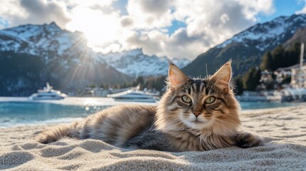 Obraz premium A cat wearing sunglasses is lounging at the beach, embodying the spirit of a summer kitty by the sea, and sunbathing like a pet in shades
