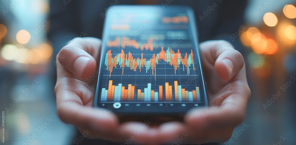 Poster A person holds a smartphone displaying banking transaction data with colorful graphs and statistics. The background features blurred city lights, suggesting an urban setting.