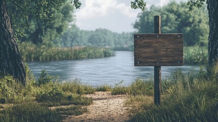 A clear stream, reflecting the openness of the sky above, flows beneath a blank wooden panel, which serves as a symbol of the serene atmosphere found in rural areas and the concept of guidance that