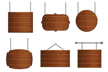 "A detailed vector set of hanging and standing wooden signboards, perfect for branding, advertising, posters, game UI, websites, and rustic-themed projects. These wooden elements are designed to be us