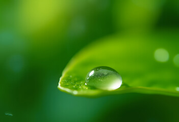 Translucent Water Droplet Serenely Resting on Green Leaf Against Blurred Green