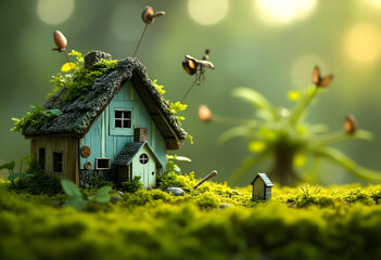 Miniature Moss Cottage Whimsical and Detailed Fairy House in Forest Setting
