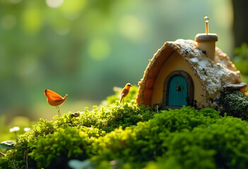 Miniature Cottage Tranquil and Enchanting Scene in Mossy Woodland Setting