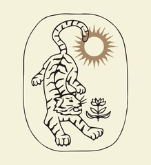 Modern boho hand drawn linear tiger with flower and abstract celestial sun. Contemporary illustration in trendy bohemian style. Isolated vector tiger on a light background perfect for logos and prints