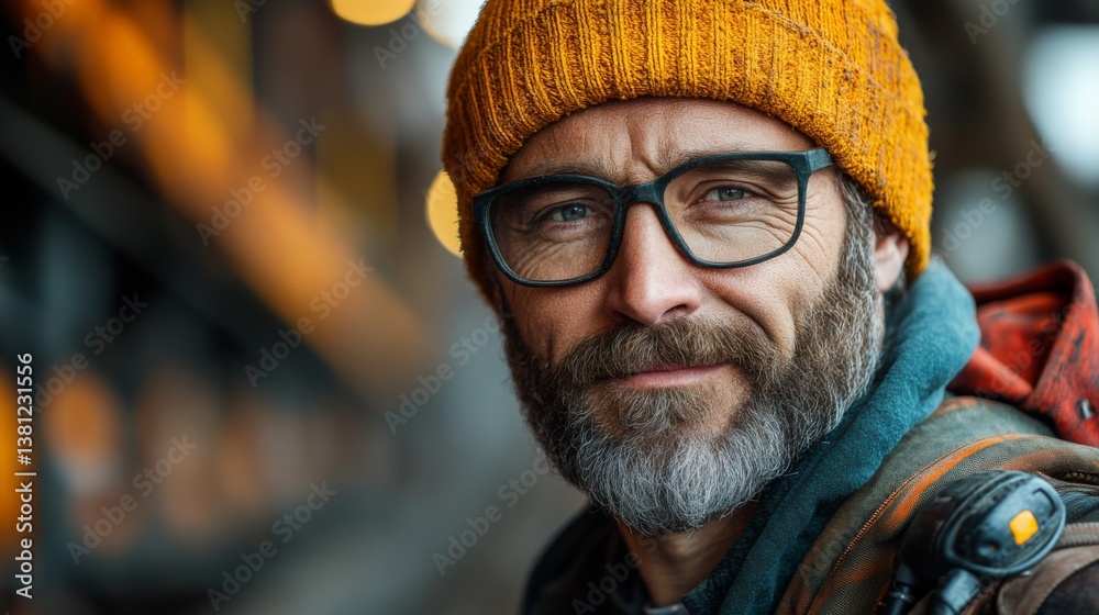 Poster miner with a beard and glasses smiles confidently while wearing a yellow beanie. the backdrop featur