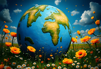 Stylized Earth in Wildflower Field Against Blue Sky
