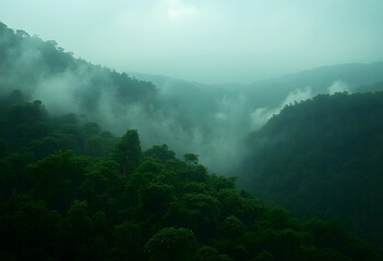 Tranquil Misty Green Mountain Range
