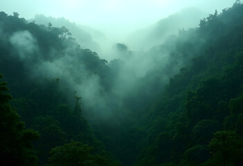 Serene Green Valley with Mystery in Fog