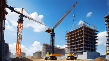 Construction Cranes on Sunny Day, Early Building Stage
