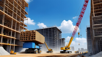 Construction Crane Lifting a Load with Blue Truck