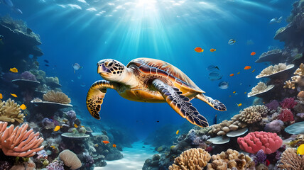 Sea Turtle Swimming Peacefully in Clear Water Against Coral Reef
