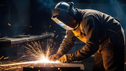 Concentrated Welder in Protective Gear Working with Bright Sparks