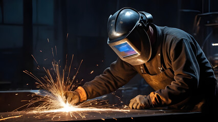 Dynamic Welder Working with Flying Sparks in Industrial Setting