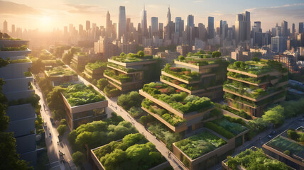 Advanced Green Cityscape with Rooftop Gardens at Sunset