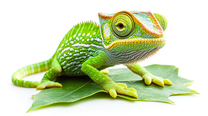 Fototapeta premium Colorful chameleon resting on a leaf in a bright setting