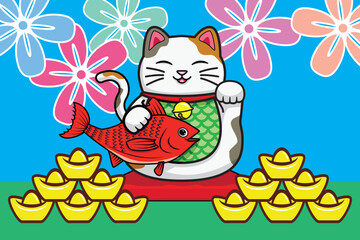 Cute Japanese lucky cat called Maneki Neko on red cushion holding The fish represents abundance and prosperity with Chinese gold brick and cherry blossoms pattern drawing in colorful cartoon vector