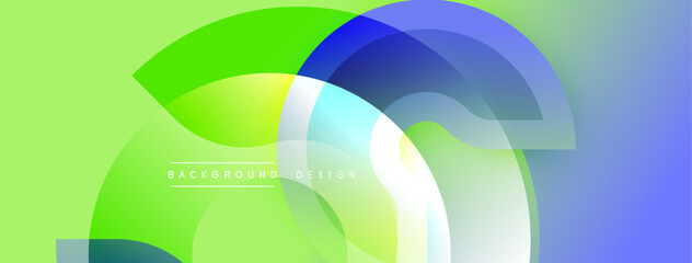 Abstract design. Overlapping circles create dynamic composition. Green, blue, white hues blend smoothly. Modern aesthetic. Simple, clean lines.