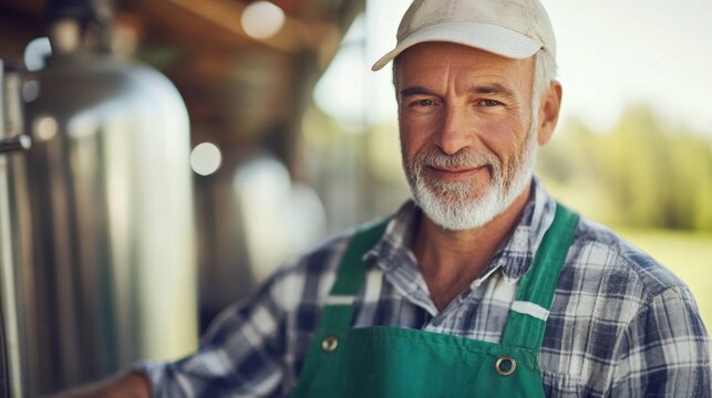 Mature caucasian male brewer with beard in green apron smiling at brewery - Powered by Adobe