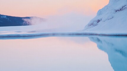 Obraz premium Tranquil winter landscape with icy lake and snow-covered hills at dawn
