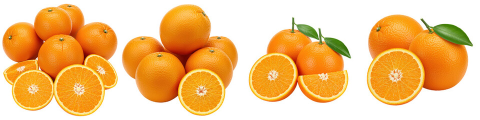 Juicy oranges whole sliced and with leaves.