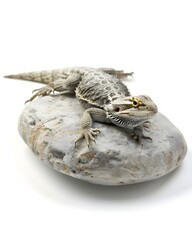 Obraz premium A bearded dragon resting on a smooth rock, showcasing its unique texture and vibrant colors