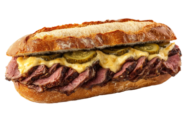 A traditional Turkish pastrami sandwich, isolated on a transparent background, with thinly sliced ​​beef, melted kashar cheese, and pickles on a crunchy fresh baguette. high resolution PNG file