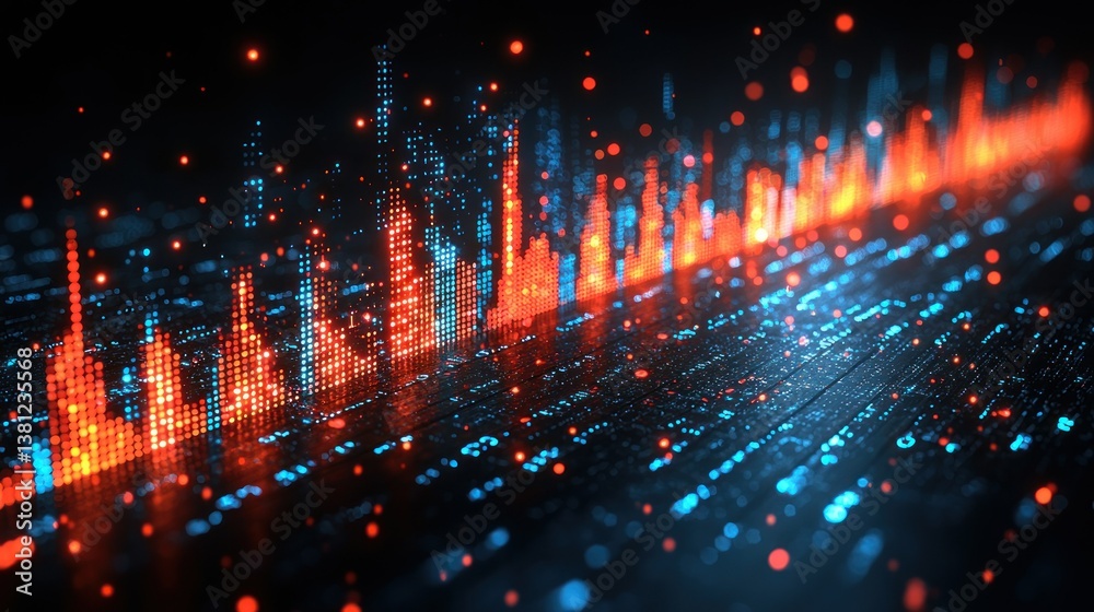 Poster abstract data visualization: dynamic digital landscape of glowing red and blue data streams