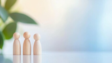 Wooden figurines symbolizing unity on minimalist gradient background
