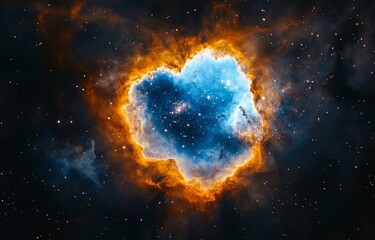 Cosmic nebula swirling in vibrant hues of orange and blue.  A captivating display of interstellar dust and gas