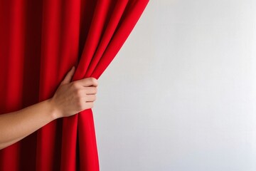 Hand Opening Red Curtains Against White Wall