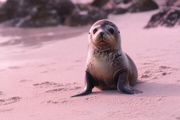 Naklejka premium The Galapagos Islands are home to fur seals, which are part of the diverse animal population of Ecuador, often found on the beach
