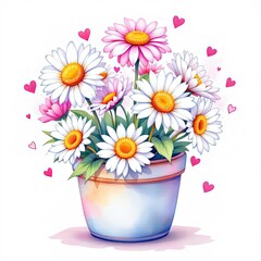 Colorful flower pot with daisies and hearts   