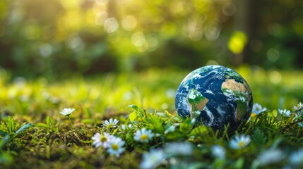 Planet Earth rests gently on a bed of flowers, symbolizing the harmony between nature and sustainability