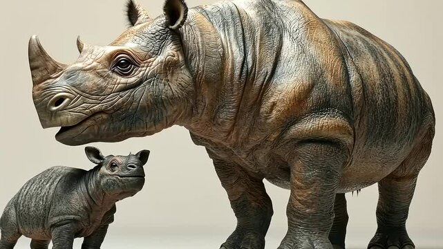 Adult and Baby Javan Rhinoceros: A Digital Rendering