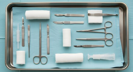 A meticulously arranged surgical tray, showcasing an array of sterile instruments essential for surgical procedures, set on a light blue surface.