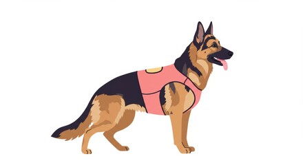 German shepherd in training vest standing on white background