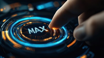 A futuristic control interface displays a glowing 'MAX' button, with a finger poised to engage, showcasing advanced technology and style.