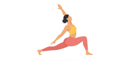 Woman in high lunge yoga pose on white background