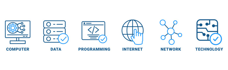 Information Technology banner web icon vector illustration concept with icon of computer, data, programming, internet, network, technology 