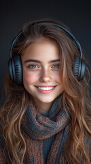 A close-up of a smiling girl with headphones, set against a deep grey background, radiating positivity and tranquility, perfect for capturing the essence of music or audio-based experiences