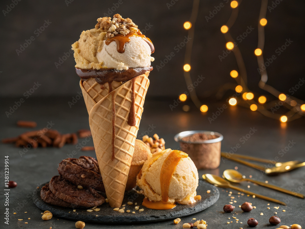 Poster  A scoop of ice cream with chocolate sauce and nuts on top, next to two cups of soft serve ice cream in a dark setting.