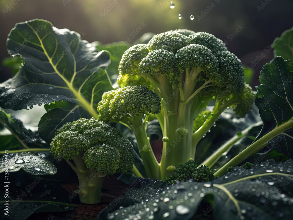 Poster  A close-up of broccoli florets with dark green leaves in a wet environment, emphasizing freshness and vibrancy.