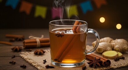 A steaming cup of spiced tea, showcasing aromatic cinnamon sticks and star anise, on a rustic wooden table. The warmth of the drink is inviting, creating a cozy and comforting ambiance.
