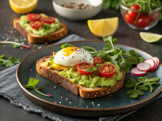  A plate of toast with avocado spread and a fried egg on top, accompanied by a glass of wine and garnished with herbs and spices.